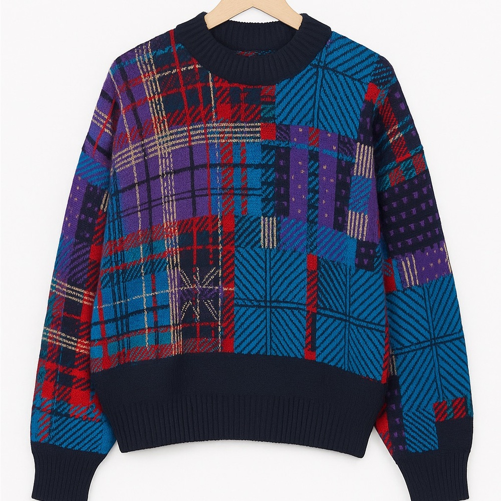 Vintage 90s Patchwork Plaid Knit Sweater – Women’s Large – Made in Italy